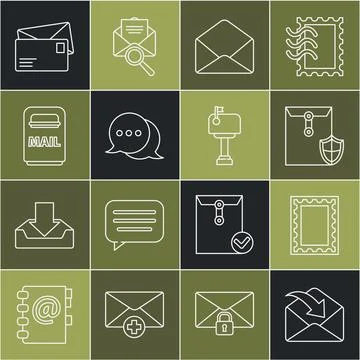 Set line Envelope, Postal stamp, with shield, Speech bubble chat, Mail box, and Stock Illustration