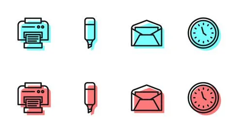 Set line Envelope, Printer, Marker pen and Clock icon. Vector Stock Illustration