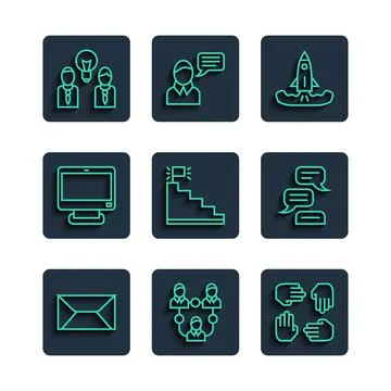 Set line Envelope, Project team base, Rocket, Stair with finish flag, Computer Stock Illustration