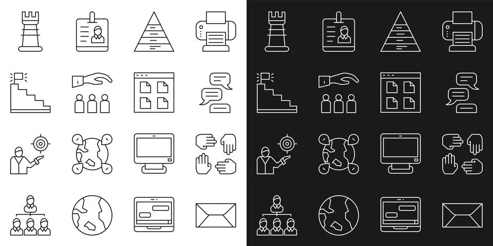 Set line Envelope, Project team base, Speech bubble chat, Pyramid chart infog Illustrazione stock