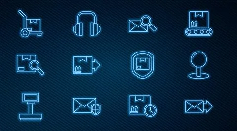 Set line Envelope, Push pin, with magnifying glass, Cardboard box traffic symbol Stock Illustration