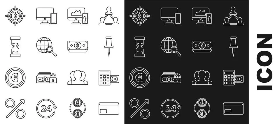 Set line Envelope, Push pin, Financial chart graph on the computer monitor and Illustrazione stock