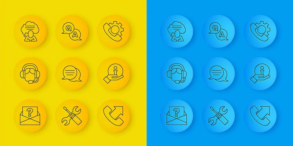 Set line Envelope with question mark, Woman headset, Speech bubble chat Stock Illustration