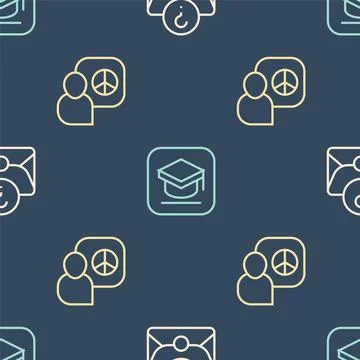 Set line Envelope with question mark, Peace talks and Graduation cap on seamless Stock Illustration