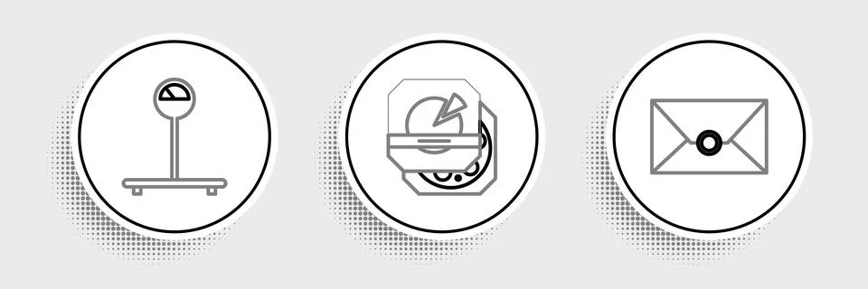 Set line Envelope, Scale and Pizza in cardboard box icon. Vector Illustrazione stock