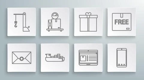 Set line Envelope, Scale with cardboard box, Cargo ship boxes delivery serv.. Stock Illustration
