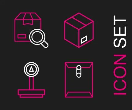 Set line Envelope, Scale, Carton cardboard box and Search package icon. Vecto Stock Illustration