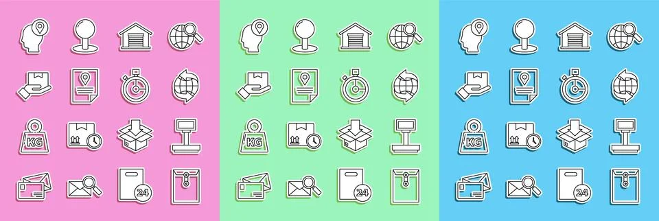 Set line Envelope, Scale, Worldwide, Warehouse, Document tracking marker system Stock Illustration