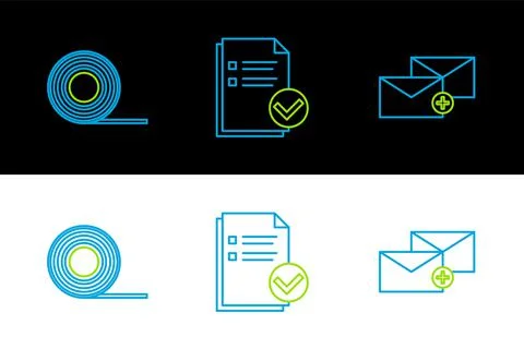 Set line Envelope, Scotch and Document and check mark icon. Vector Stock Illustration