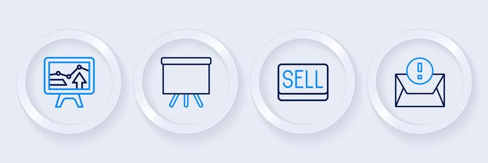 Set line Envelope, Sell button, Chalkboard and Monitor with graph chart ico.. Stock Illustration