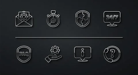 Set line Envelope setting, Shield with text FAQ, Clock 24 hours, Information Stock-Illustration