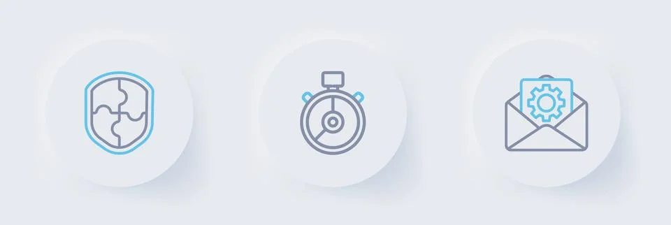 Set line Envelope setting, Stopwatch and Shield icon. Vector 库存插图