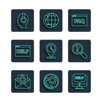 Set line Envelope setting, Telephone 24 hours support, Computer monitor and h Stock Illustration