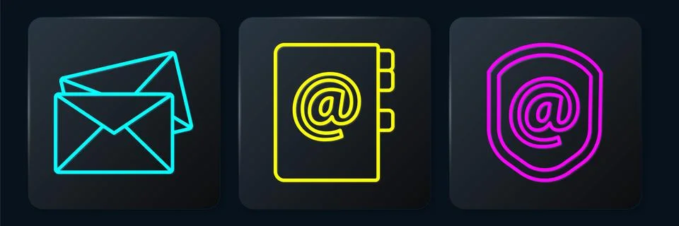 Set line Envelope, Shield with mail and e-mail and Address book. Black square Stock Illustration