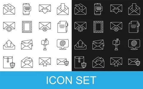Set line Envelope with shield, Mail and e-mail on speech bubble, Document p.. Stock Illustration