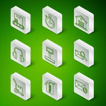 Set line Envelope with shield, Price tag Free, Conveyor belt cardboard box Stock Illustration