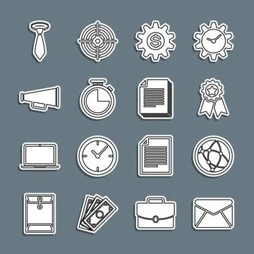 Set line Envelope, Social network, Medal with star, Gear dollar symbol, Stopw Stockillustratie