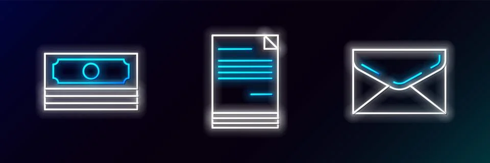 Set line Envelope, Stacks paper money cash and Document icon. Glowing neon. V Stock Illustration