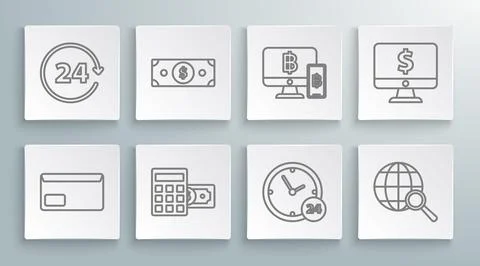 Set line Envelope, Stacks paper money cash, Calculator with dollar symbol, Clock 스톡 일러스트