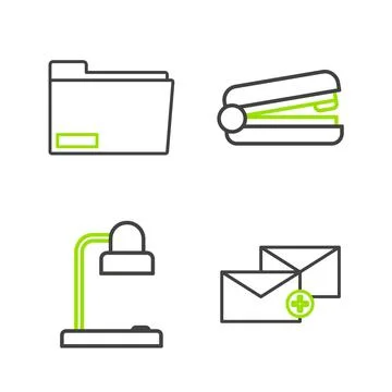 Set line Envelope, Table lamp, Office stapler and Document folder icon. Vecto Stock Illustration