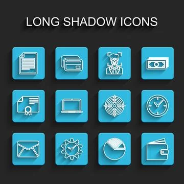 Set line Envelope, Time Management, Document, Pie chart infographic, Wallet Stock Illustration