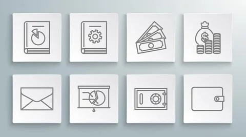 Set line Envelope, User manual, Board with graph chart, Safe, Wallet, Stacks Illustrazione stock