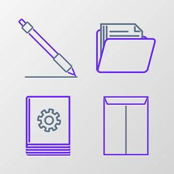 Set line Envelope, User manual, Document folder and Pen line icon. Vector Illustrazione stock