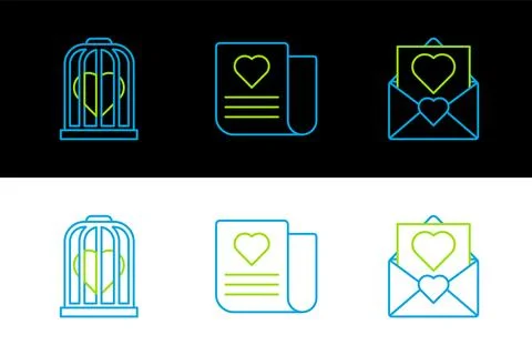 Set line Envelope with Valentine heart, Heart the bird cage and  icon. Vector Stock Illustration