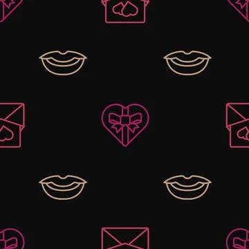Set line Envelope with Valentine heart, Smiling lips and Candy shaped box o.. Stock Illustration