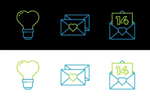 Set line Envelope with Valentine heart, Heart shape light bulb and  icon. V.. Stock Illustration