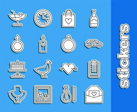 Set line Envelope with Valentine heart, Clipboard checklist, Limousine car,.. Stock Illustration