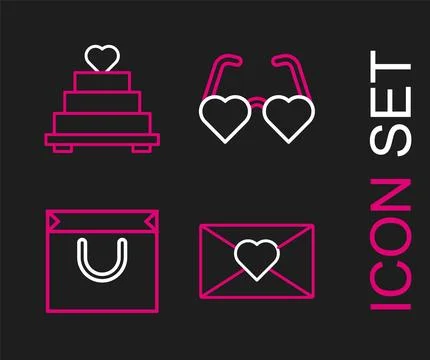 Set line Envelope with Valentine heart, Shopping bag, Heart shaped love gla.. 스톡 일러스트