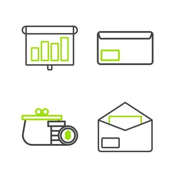 Set line Envelope, Wallet with coins,  and Presentation financial board gra.. Stock Illustration