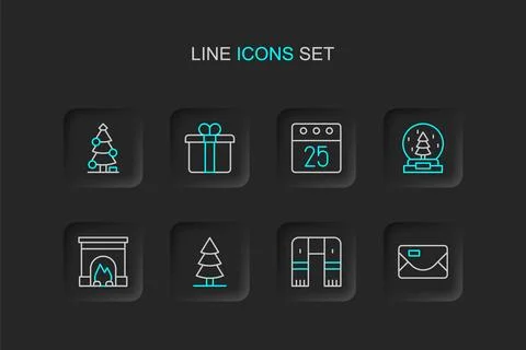 Set line Envelope, Winter scarf, Christmas tree, Interior fireplace, snow g.. 库存插图
