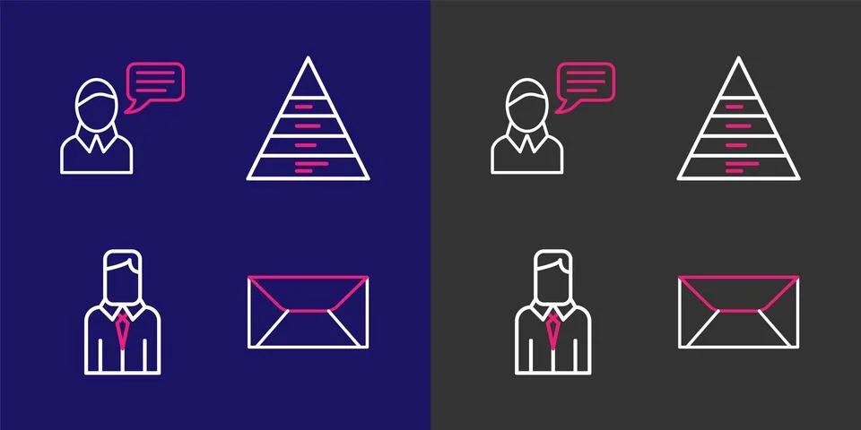 Set line Envelope, Worker, Pyramid chart infographics and Speech bubble cha.. Stock Illustration