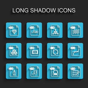 Set line EPS file document, WAV, RUBY, MP3, M3U, MP4, SVG and GIF icon. Vector Stockillustratie