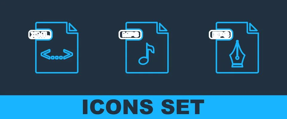 Set line EPS file document, XML and MP3 icon. Vector Illustrazione stock