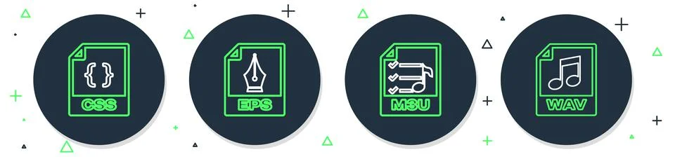 Set line EPS file document, M3U, CSS and WAV icon. Vector Stock Illustration