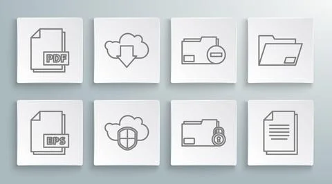 Set line EPS file document, Cloud download, and shield, Folder lock, Document Stock Illustration