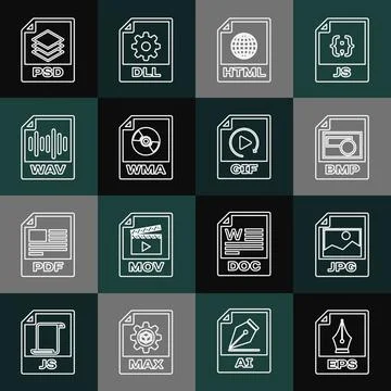Set line EPS file document, JPG, BMP, HTML, WMA, WAV, PSD and GIF icon. Vector Stock Illustration