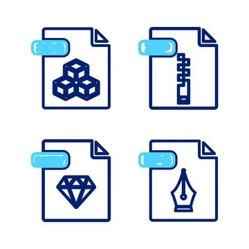 Set line EPS file document, RUBY, ZIP and 3DS icon. Vector Stock Illustration