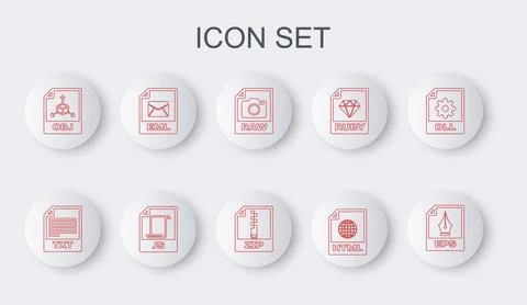 Set line EPS file document, TXT, RAW, HTML, OBJ, EML, JS and ZIP icon. Vector Illustrazione stock