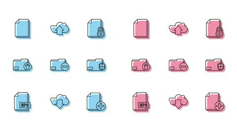 Set line EPS file document, Cloud download, Document, Add new, folder with .. Stock Illustration