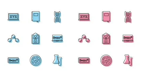 Set line Equation solution, Bacteria, XYZ Coordinate system, Test tube and flask Stock Illustration