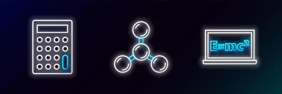 Set line Equation solution, Calculator and Molecule icon. Glowing neon. Vector Stock Illustration