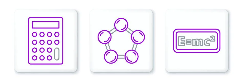 Set line Equation solution, Calculator and Molecule icon. Vector Stock Illustration