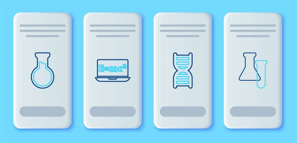 Set line Equation solution, DNA symbol, Test tube and flask and  icon. Vector Stock Illustration
