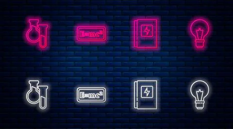 Set line Equation solution, Electrical panel, Test tube and flask and Light bulb Stock Illustration