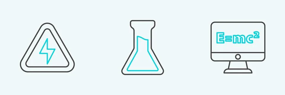 Set line Equation solution, High voltage and Test tube and flask icon. Vector Stock Illustration