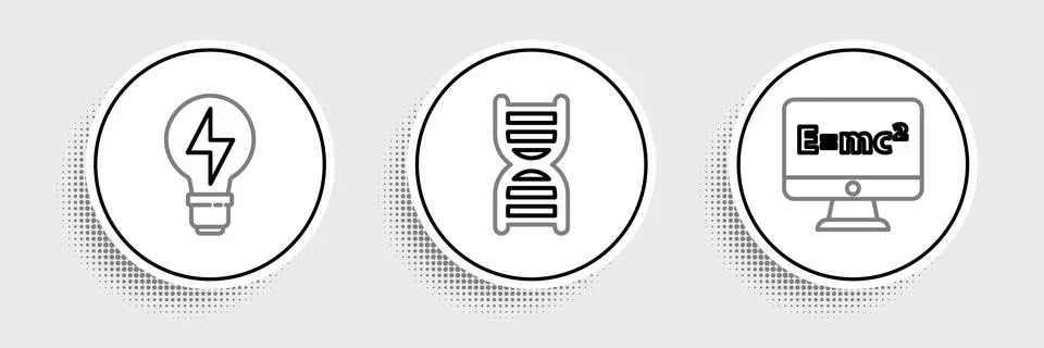 Set line Equation solution, Light bulb with lightning and DNA symbol icon. .. 스톡 일러스트